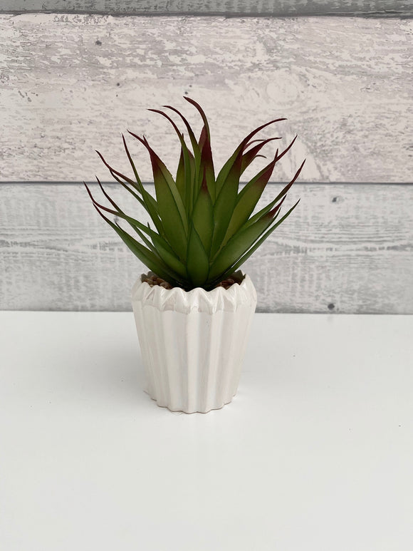 Spikey Artificial Plant in White Pearlescent Geometric Pot - Trendy Barn Interiors